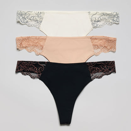 Smooth Lace Thong Black Two-Tone